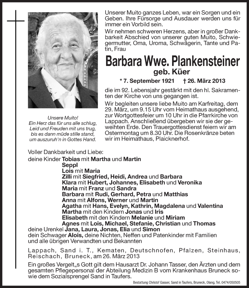  Traueranzeige für Barbara Plankensteiner vom 27.03.2013 aus Dolomiten