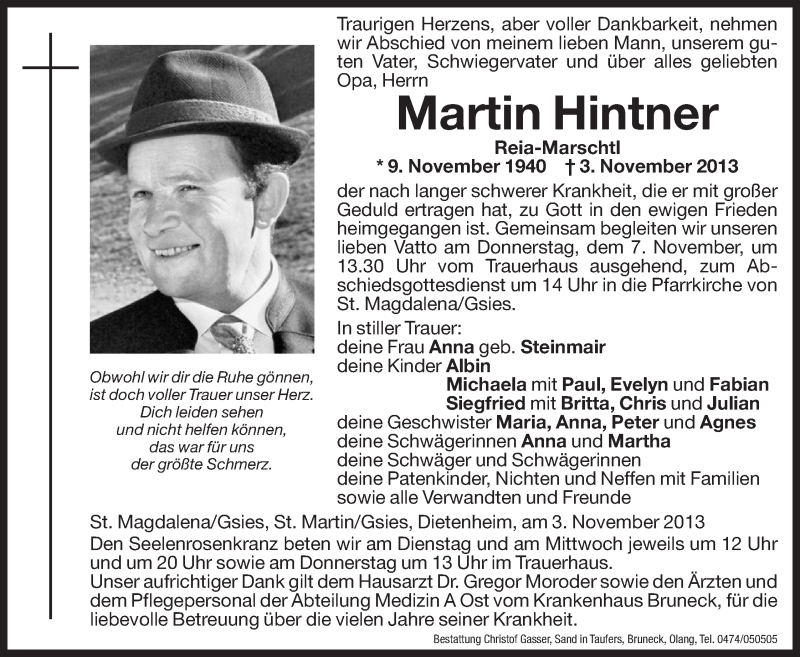  Traueranzeige für Martin Hintner vom 05.11.2013 aus Dolomiten