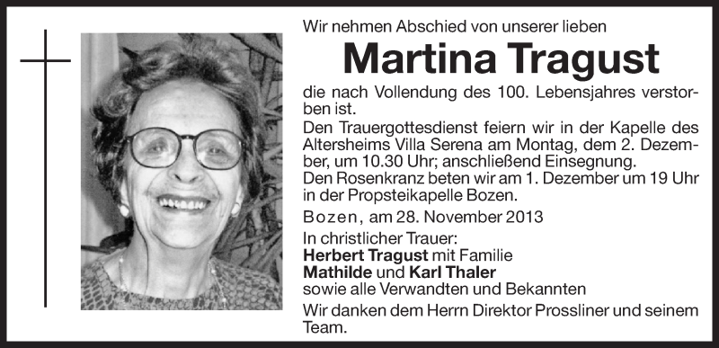  Traueranzeige für Martina Tragust vom 29.11.2013 aus Dolomiten