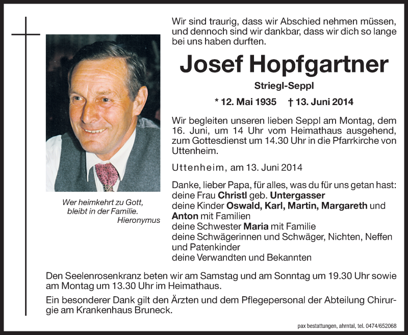  Traueranzeige für Josef Hopfgartner vom 14.06.2014 aus Dolomiten