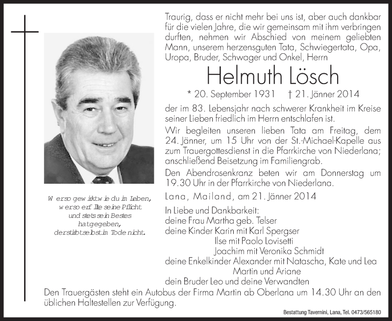  Traueranzeige für Helmuth Lösch vom 23.01.2014 aus Dolomiten