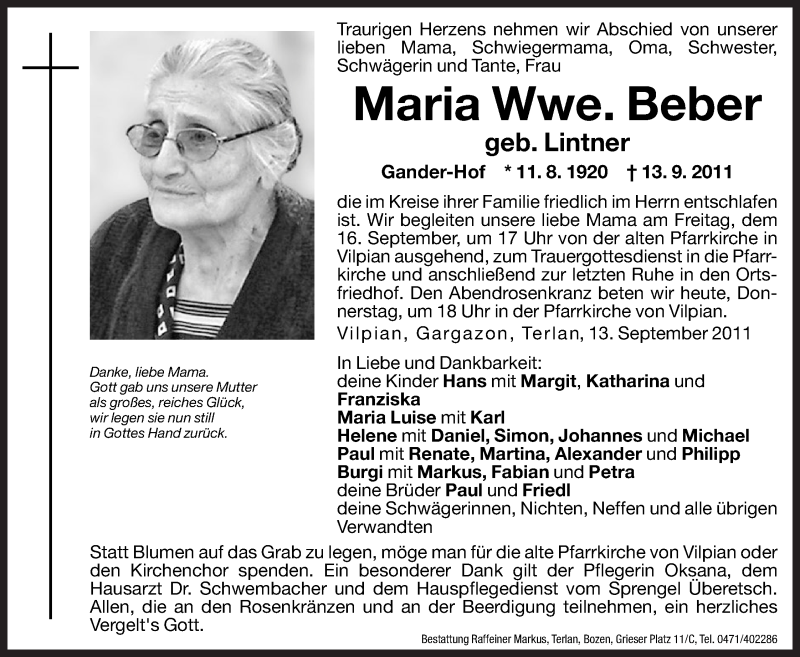  Traueranzeige für Maria Beber vom 15.09.2011 aus Dolomiten