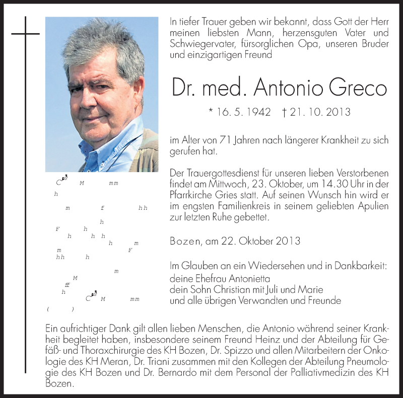  Traueranzeige für Antonio Greco vom 22.10.2013 aus Dolomiten