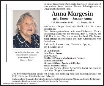 Traueranzeige von Anna Margesin von Dolomiten