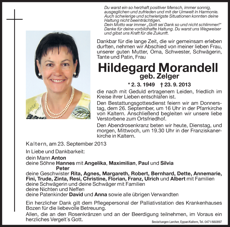  Traueranzeige für Hildegard Morandell vom 24.09.2013 aus Dolomiten