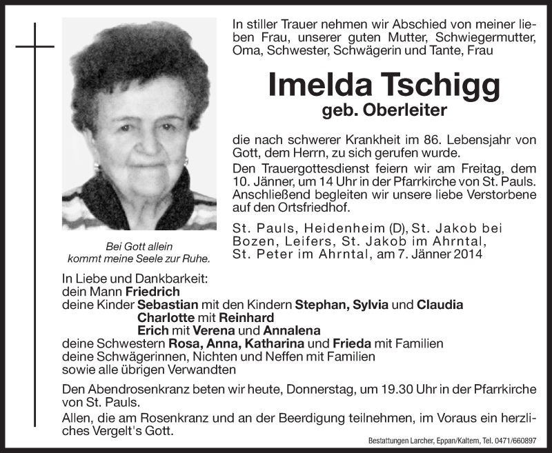  Traueranzeige für Imelda Tschigg vom 09.01.2014 aus Dolomiten