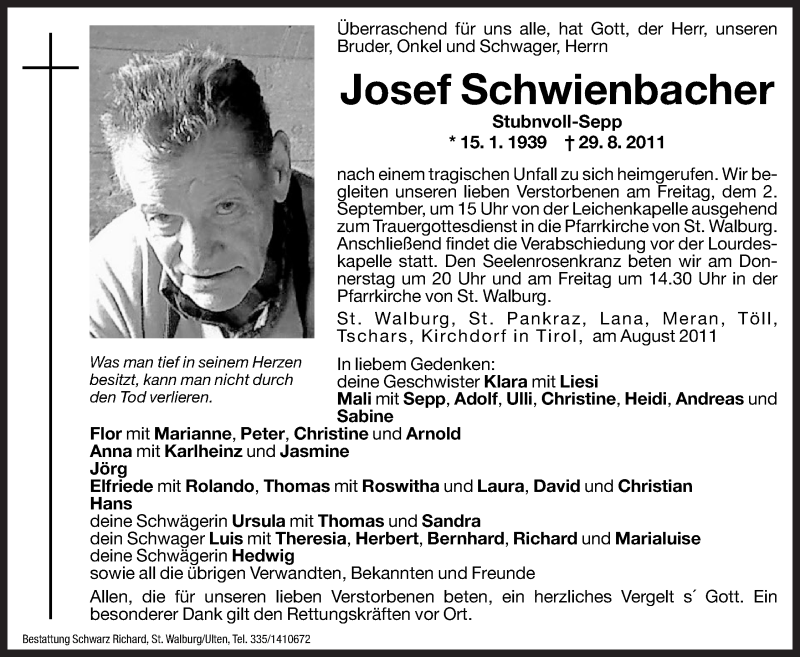  Traueranzeige für Josef Schwienbacher vom 01.09.2011 aus Dolomiten