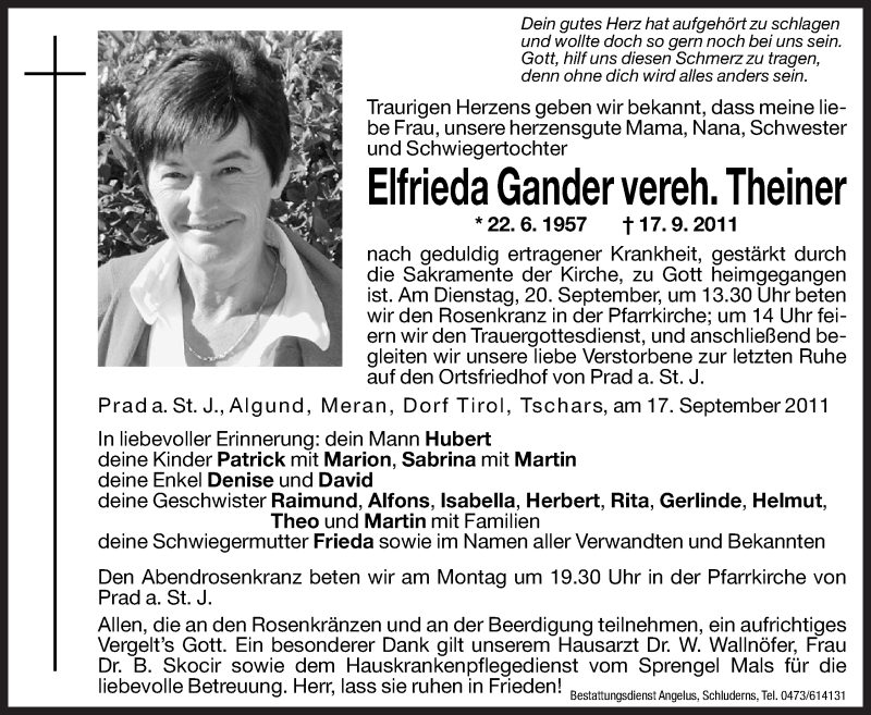  Traueranzeige für Elfrieda Theiner vom 19.09.2011 aus Dolomiten