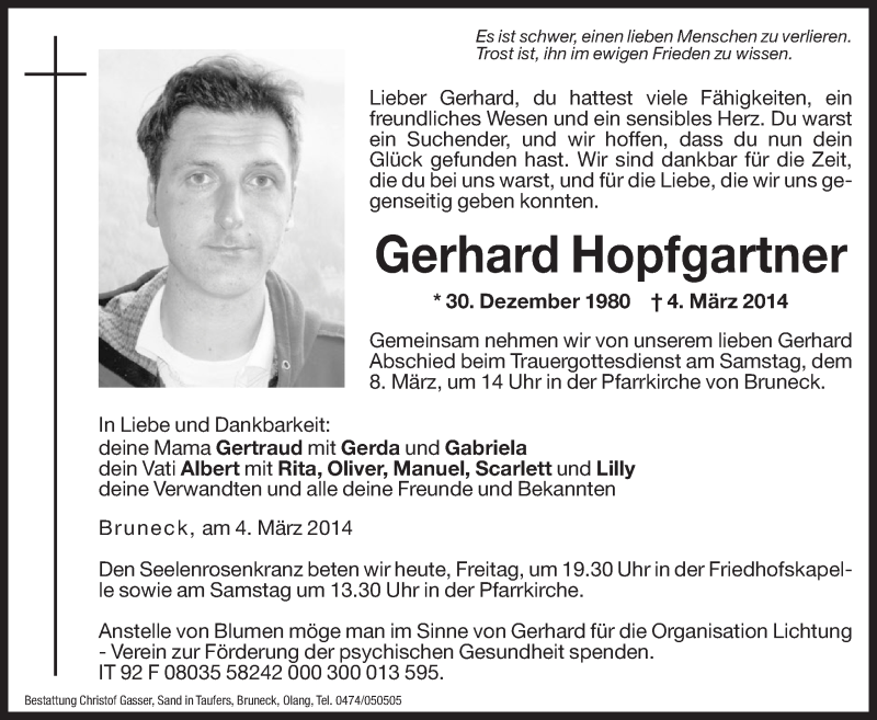  Traueranzeige für Gerhard Hopfgartner vom 07.03.2014 aus Dolomiten