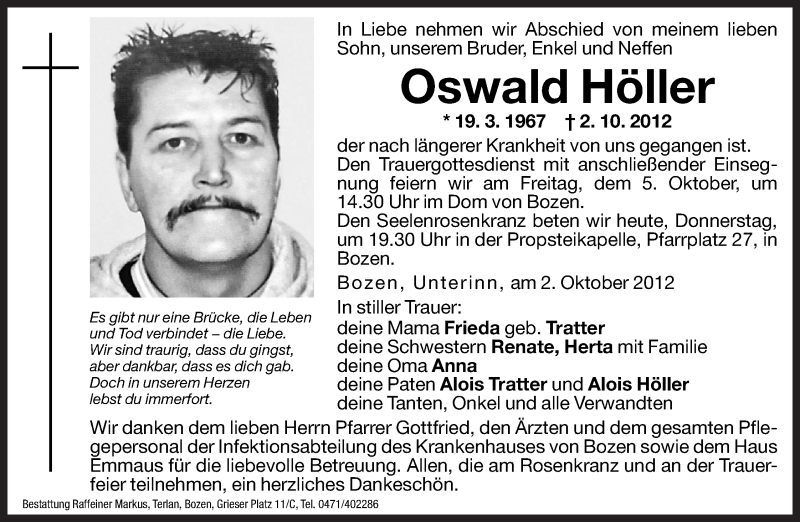  Traueranzeige für Oswald Höller vom 04.10.2012 aus Dolomiten