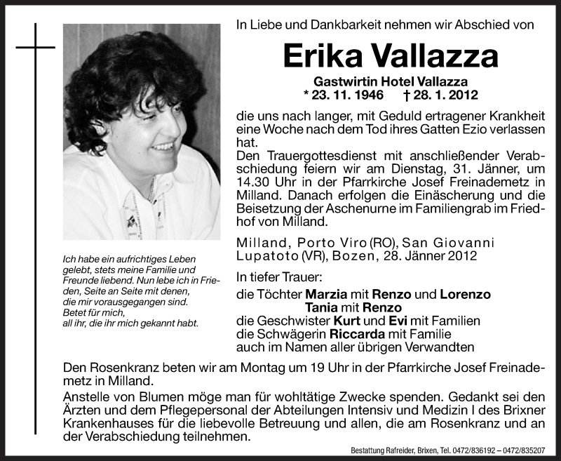  Traueranzeige für Erika Vallazza vom 30.01.2012 aus Dolomiten