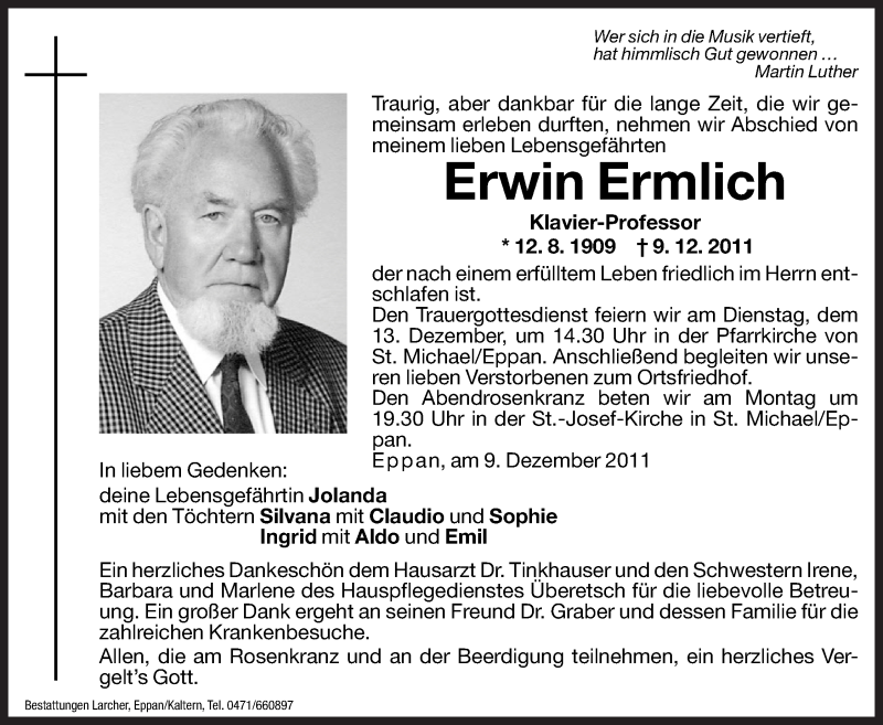  Traueranzeige für Erwin Ermlich vom 10.12.2011 aus Dolomiten