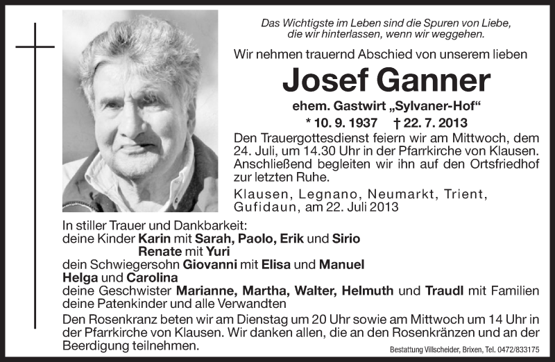  Traueranzeige für Josef Ganner vom 23.07.2013 aus Dolomiten