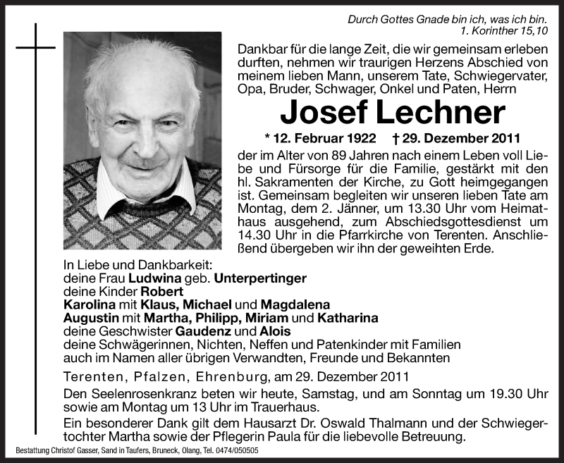  Traueranzeige für Josef Lechner vom 31.12.2011 aus Dolomiten