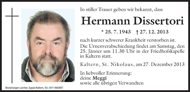  Traueranzeige für Hermann Dissertori vom 23.01.2014 aus Dolomiten