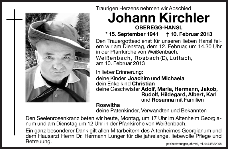  Traueranzeige für Johann Kirchler vom 11.02.2013 aus Dolomiten