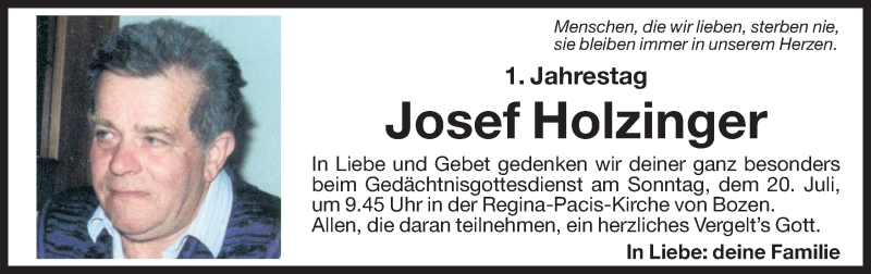  Traueranzeige für Josef Holzfinger vom 18.07.2014 aus Dolomiten