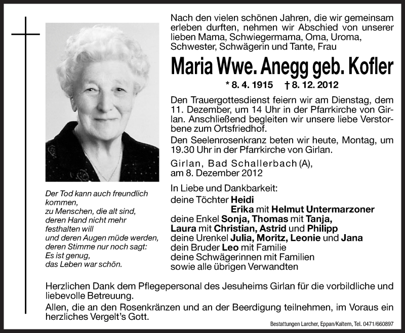  Traueranzeige für Maria Anegg vom 10.12.2012 aus Dolomiten