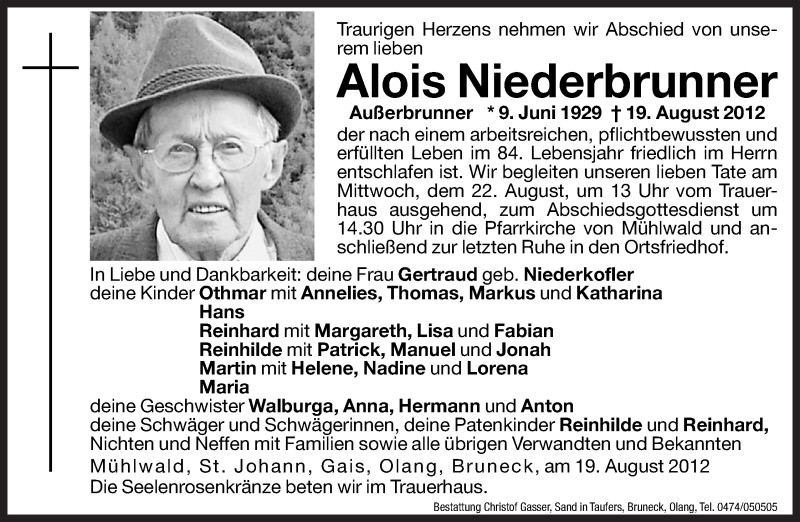  Traueranzeige für Alois Niederbrunner vom 20.08.2012 aus Dolomiten