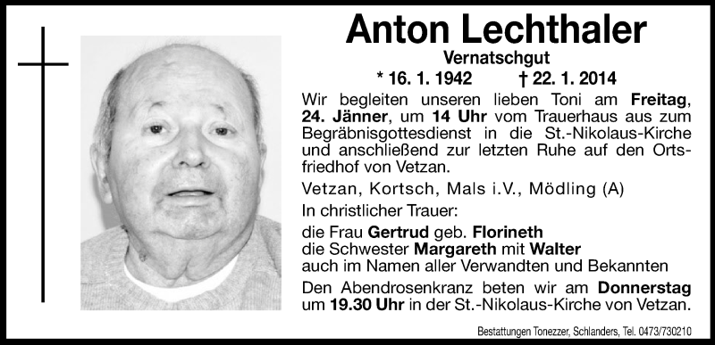  Traueranzeige für Anton Lechthaler vom 23.01.2014 aus Dolomiten