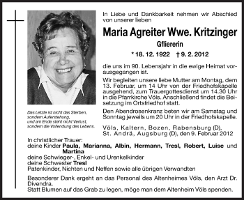 Traueranzeige von Maria Kritzinger von Dolomiten