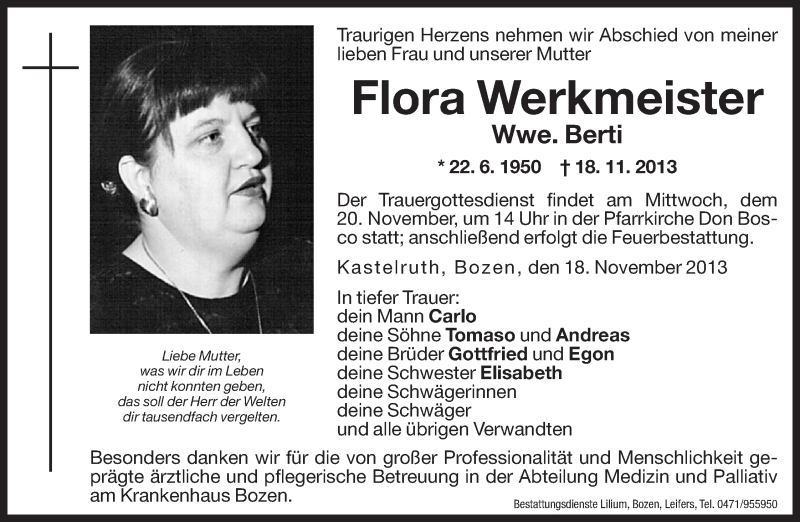  Traueranzeige für Flora Werkmeister vom 19.11.2013 aus Dolomiten