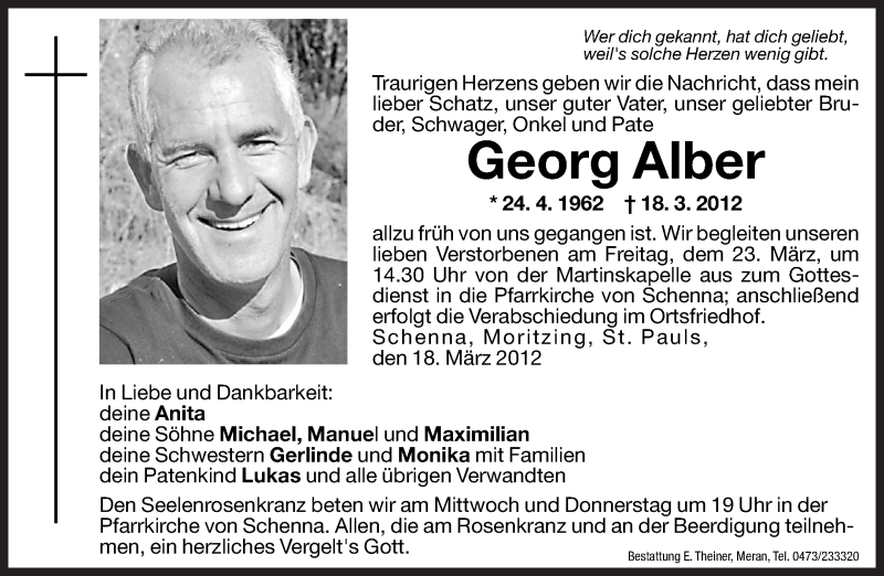  Traueranzeige für Georg Alber vom 21.03.2012 aus Dolomiten