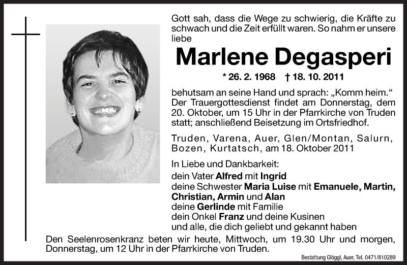  Traueranzeige für Marlene Degasperi vom 19.10.2011 aus Dolomiten