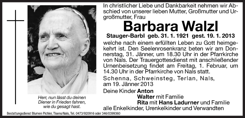  Traueranzeige für Barbara Walzl vom 30.01.2013 aus Dolomiten