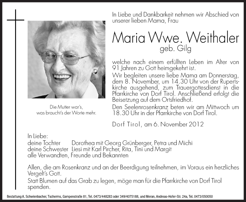  Traueranzeige für Maria Weithaler vom 07.11.2012 aus Dolomiten