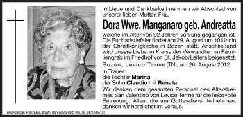 Traueranzeige von Dora Manganaro von Dolomiten