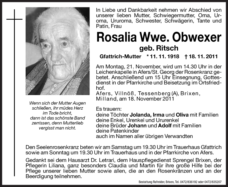  Traueranzeige für Rosalia Obwexer vom 19.11.2011 aus Dolomiten