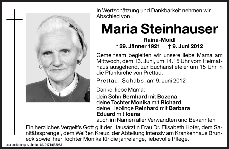  Traueranzeige für Maria Steinhauser vom 12.06.2012 aus Dolomiten