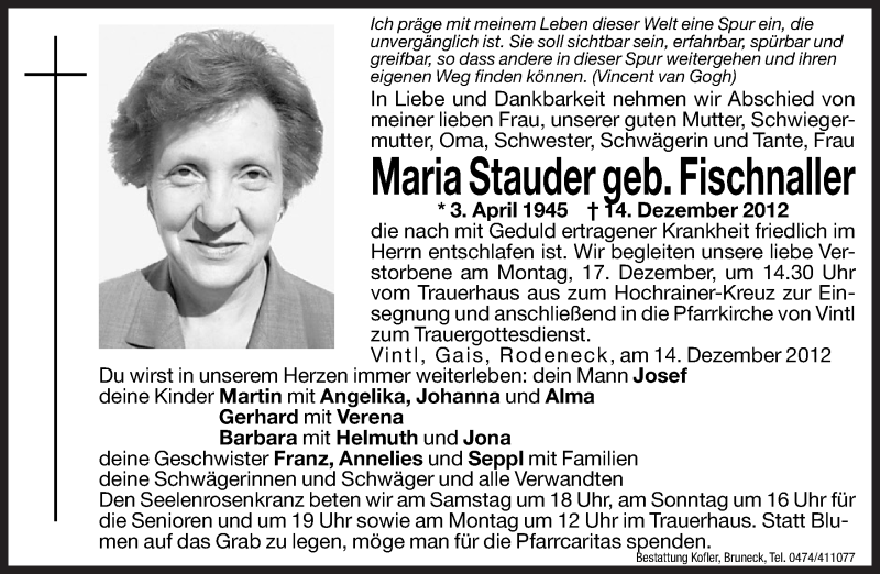  Traueranzeige für Maria Stauder vom 15.12.2012 aus Dolomiten