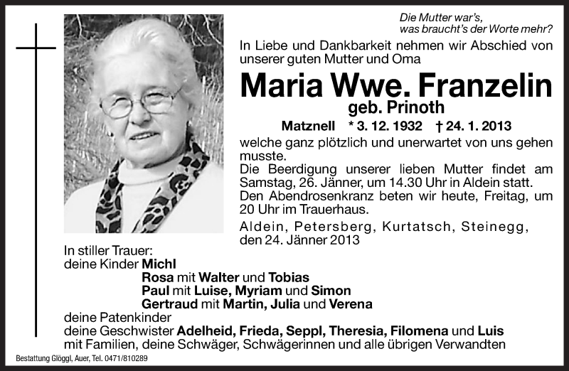  Traueranzeige für Maria  Franzelin vom 25.01.2013 aus Dolomiten