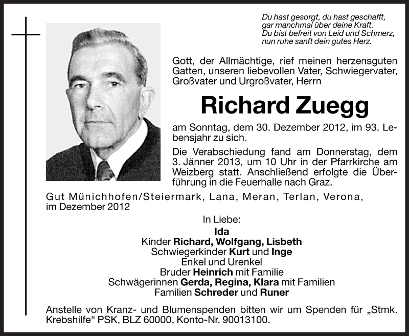  Traueranzeige für Richard Zuegg vom 07.01.2013 aus Dolomiten