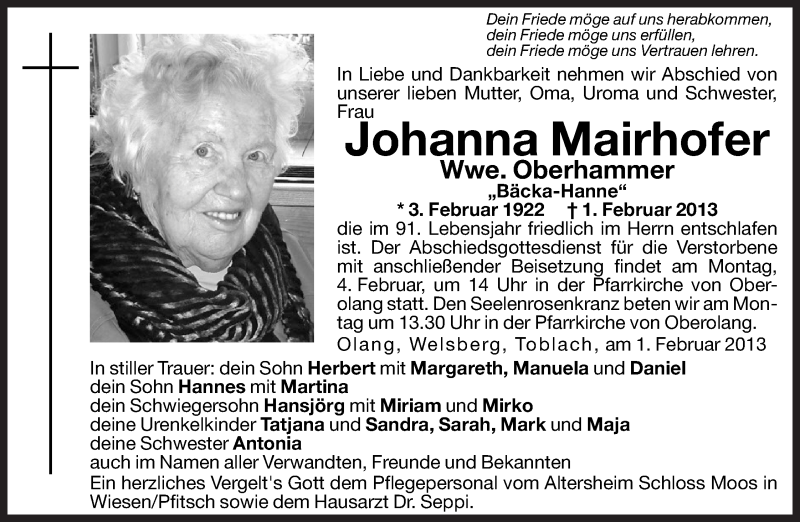  Traueranzeige für Johanna Oberhammer vom 02.02.2013 aus Dolomiten