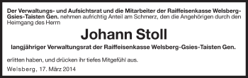 Traueranzeige von Johann Stoll von Dolomiten