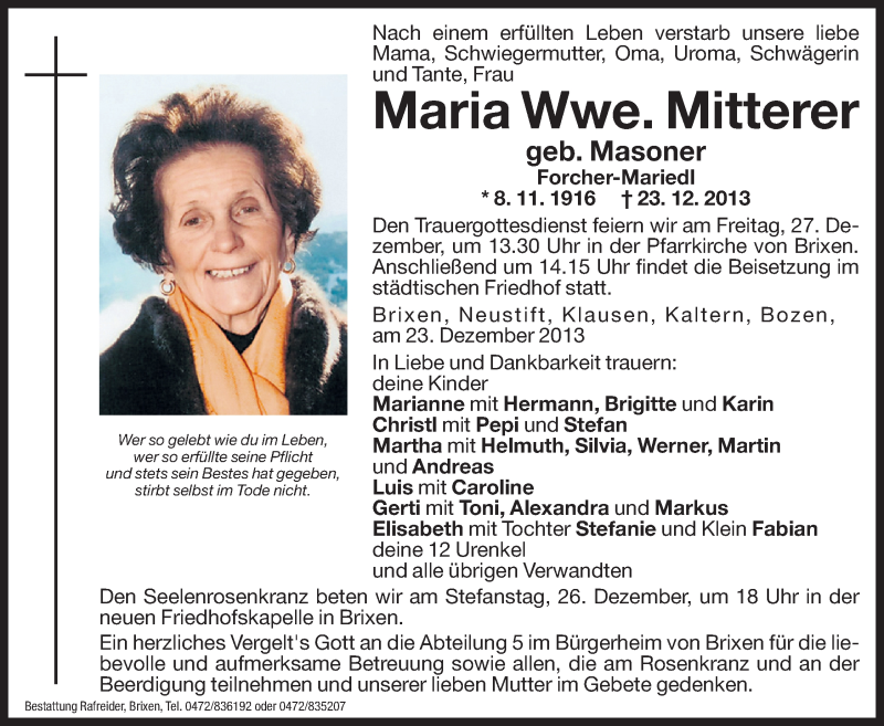  Traueranzeige für Maria Mitterer vom 24.12.2013 aus Dolomiten