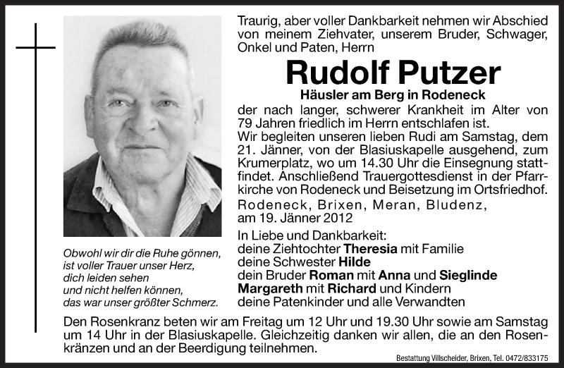  Traueranzeige für Rudolf Putzer vom 20.01.2012 aus Dolomiten