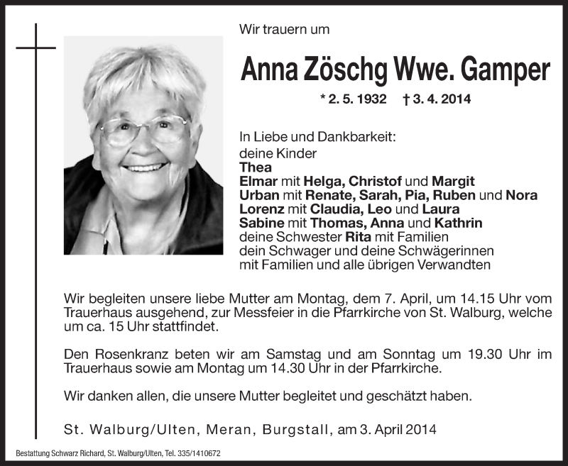  Traueranzeige für Anna Gamper vom 05.04.2014 aus Dolomiten