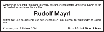 Traueranzeige von Rudolf Mayrl von Dolomiten