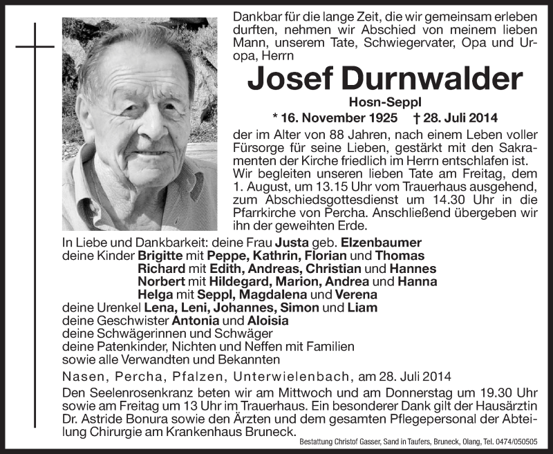  Traueranzeige für Josef Durnwalder vom 30.07.2014 aus Dolomiten