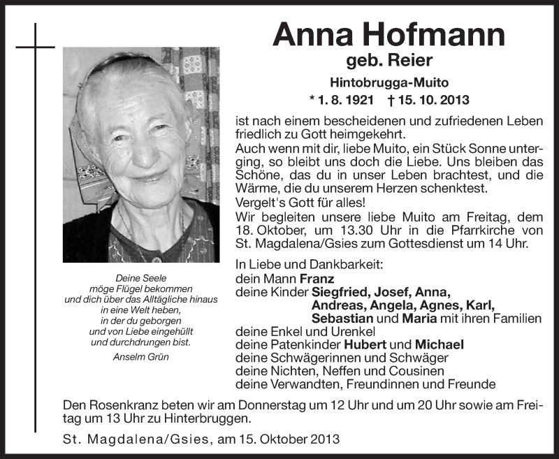  Traueranzeige für Anna Hofmann vom 17.10.2013 aus Dolomiten