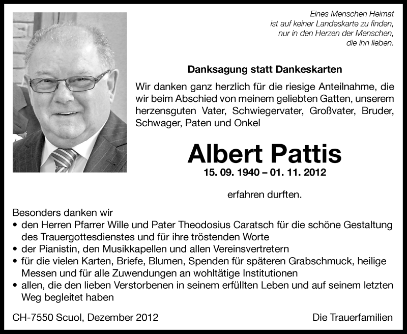  Traueranzeige für Albert Pattis vom 11.12.2012 aus Dolomiten