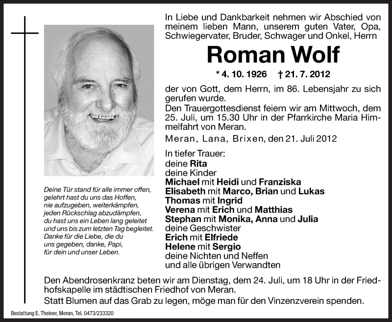  Traueranzeige für Roman Wolf vom 23.07.2012 aus Dolomiten