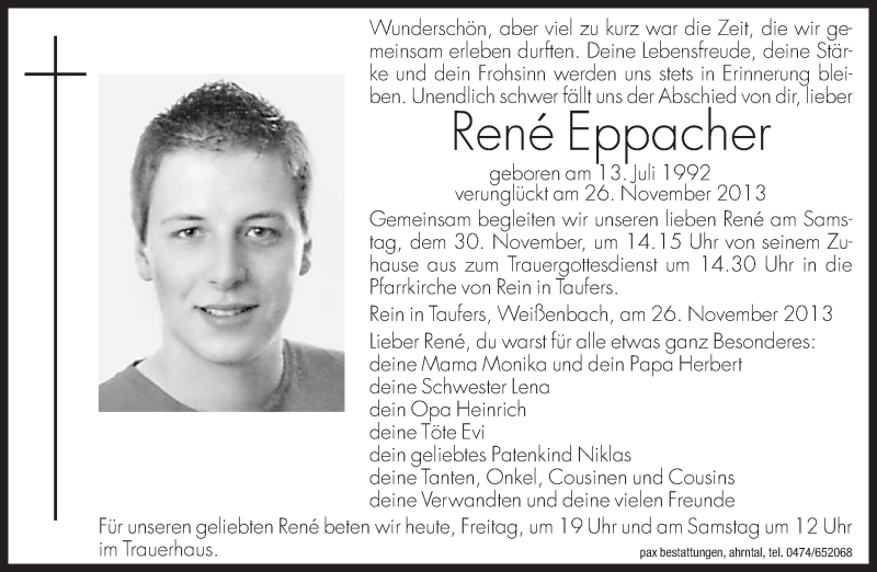  Traueranzeige für René Eppacher vom 29.11.2013 aus Dolomiten