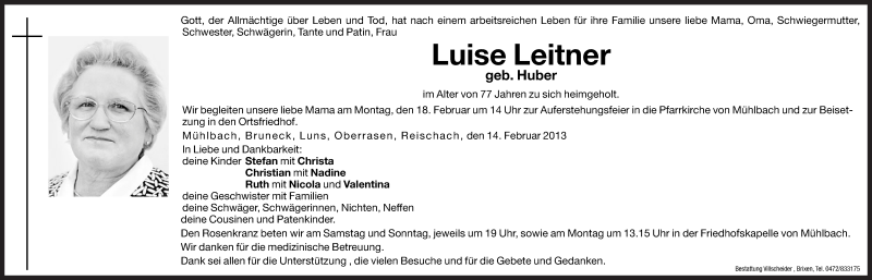  Traueranzeige für Luise Leitner vom 15.02.2013 aus Dolomiten