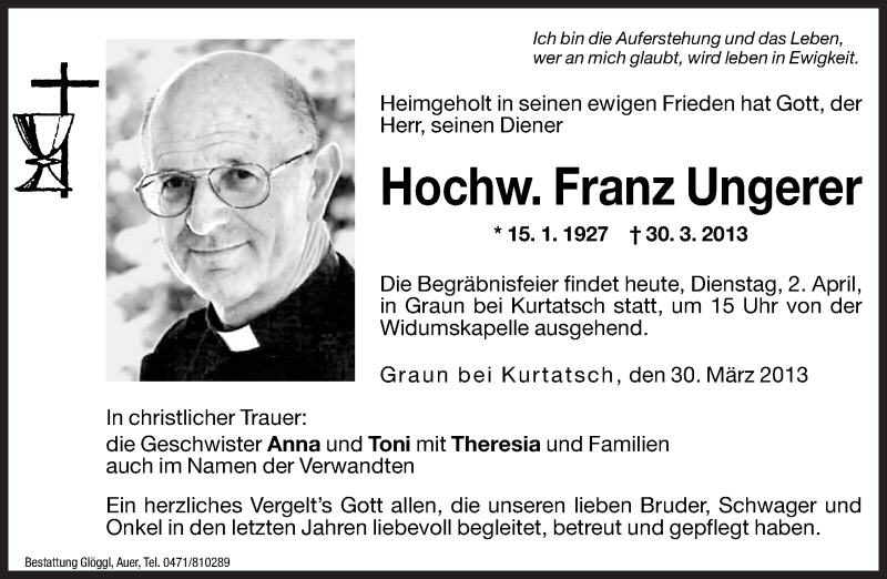  Traueranzeige für Franz Ungerer vom 02.04.2013 aus Dolomiten