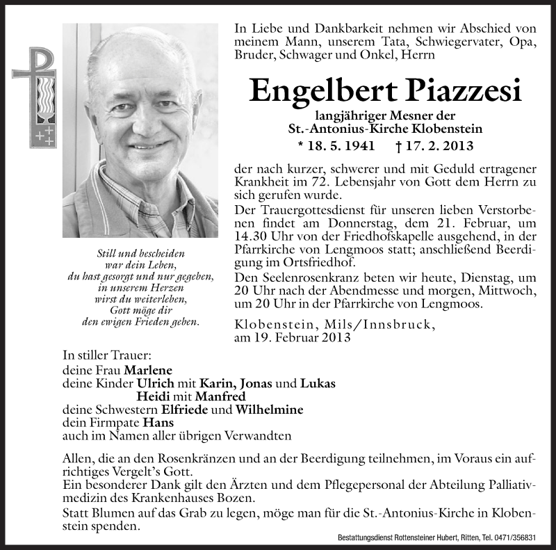  Traueranzeige für Engelbert Piazzesi vom 19.02.2013 aus Dolomiten